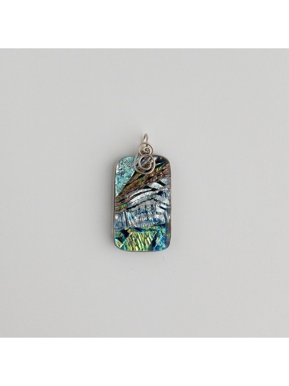 Artisan Foil Dichroic Art Glass Silver Tone Wire Wrapped Pendant Multicoloured